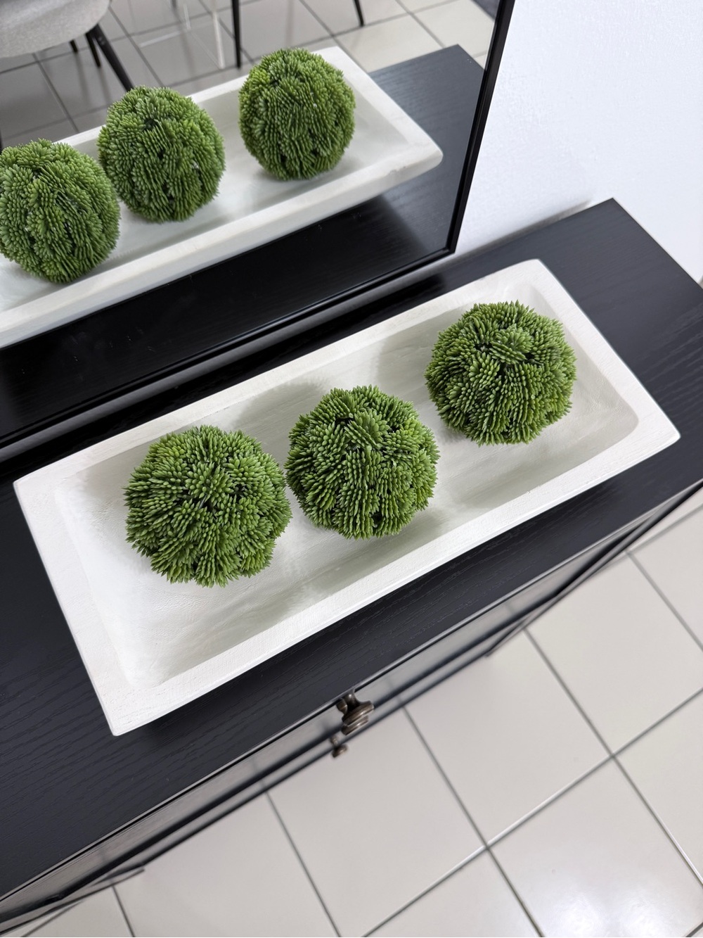 Decorative Green Moss Ball Trio with White wooden Tray